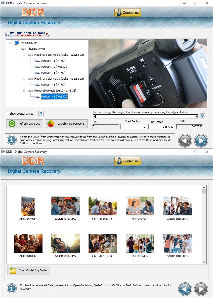 Digital camera data recovery software restores erased photo, snapshots, videos