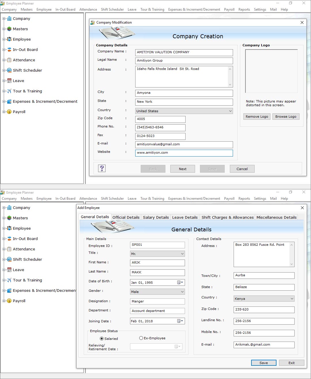 Screenshot of Employee Planner Software