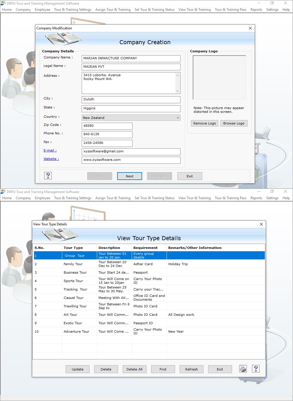 Screenshot of Employee Tour Management Software