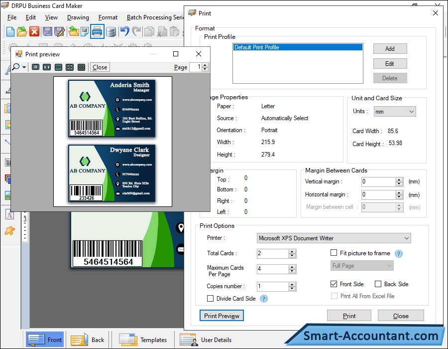 Business card Print Preview