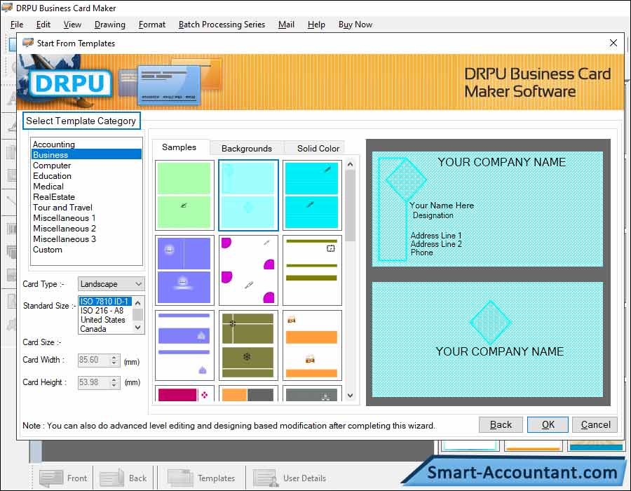 Select Business card  Size