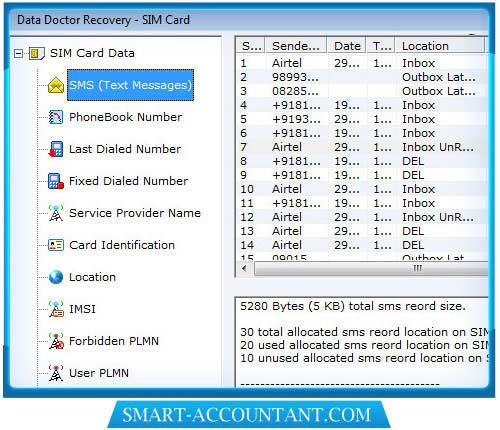 SIM, card, data, recovery, tool, retrieve, inbox, outbox, draft, text, message, software, recover, lost, erased, SMS, contact, number, program, restore, deleted, sent, items, corrupted, mobile, message, USB, reader, utility, rescue, ICC-ID, IMSI, SPN